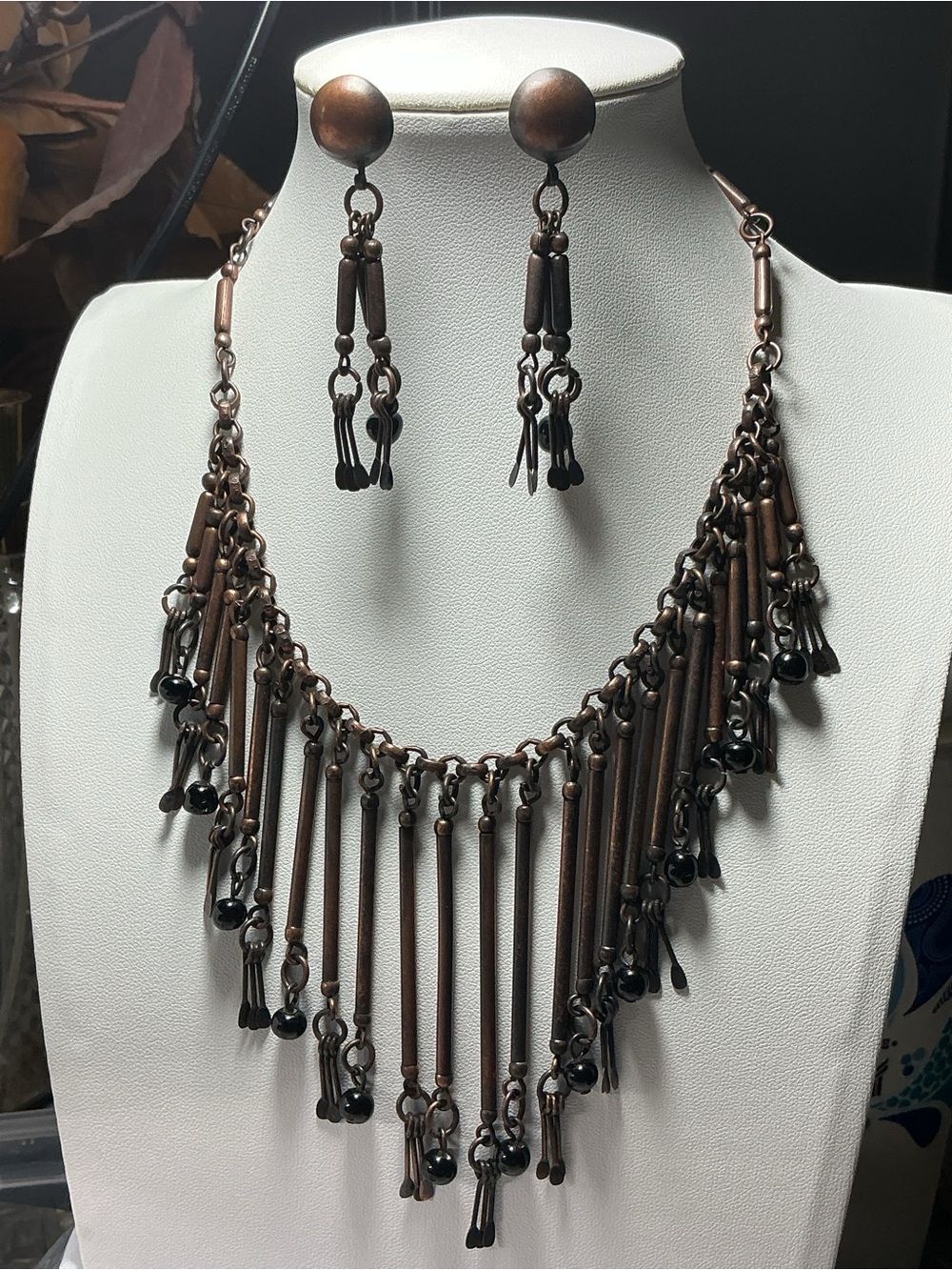 Vintage Copper-Tone Fringe Bib Necklace & Earring Set